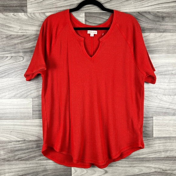 Knox Rose Thermal Top Womens 2X Plus Red Orange Waffle Knit Short Sleeve - Picture 1 of 9